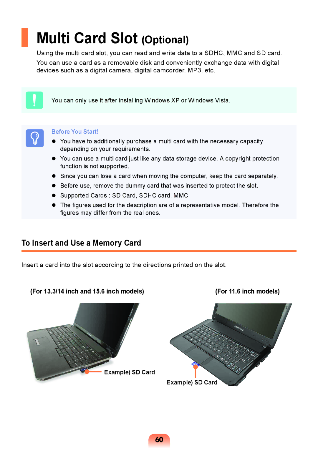 Samsung NP-X118-DA01RU manual Multi Card Slot Optional, To Insert and Use a Memory Card, Example SD Card 