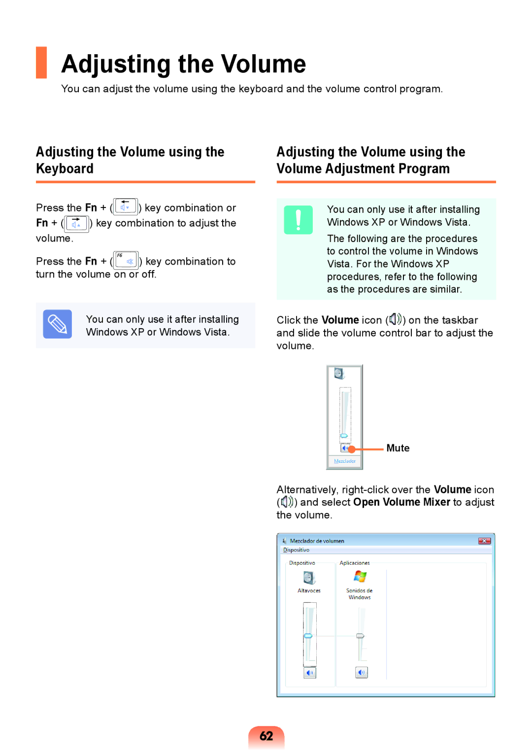 Samsung NP-X118-DA01RU manual Adjusting the Volume using the Keyboard, Mute 