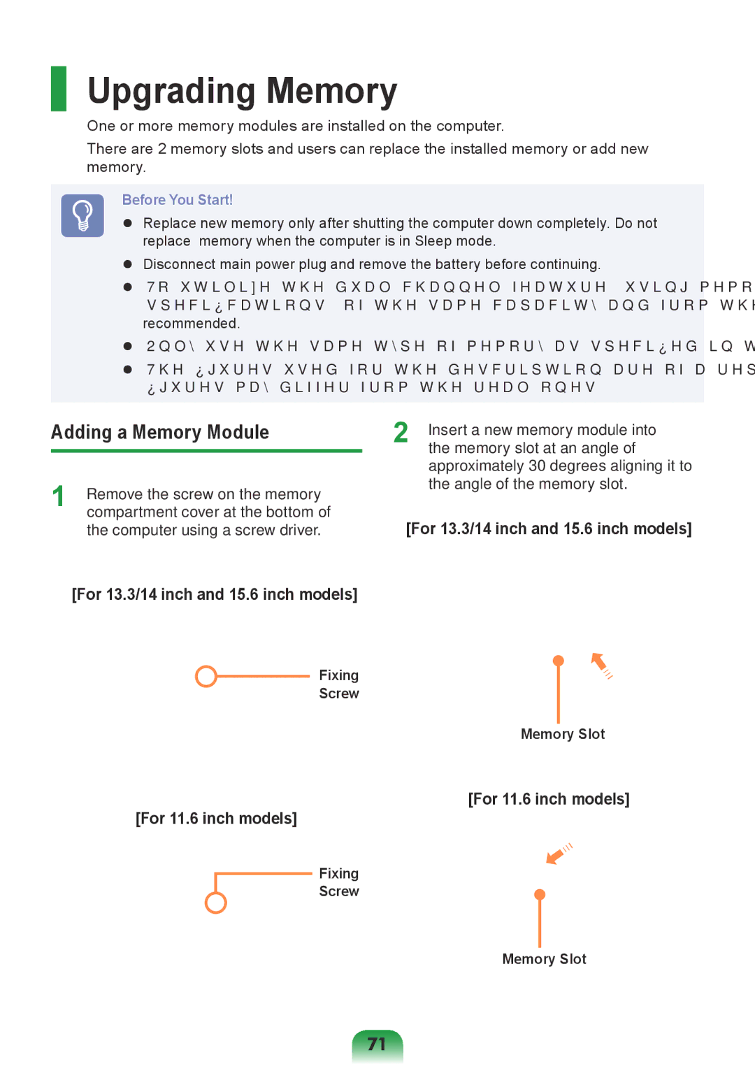 Samsung NP-X118-DA01RU manual Upgrading Memory, Adding a Memory Module, Fixing Screw, Memory Slot 