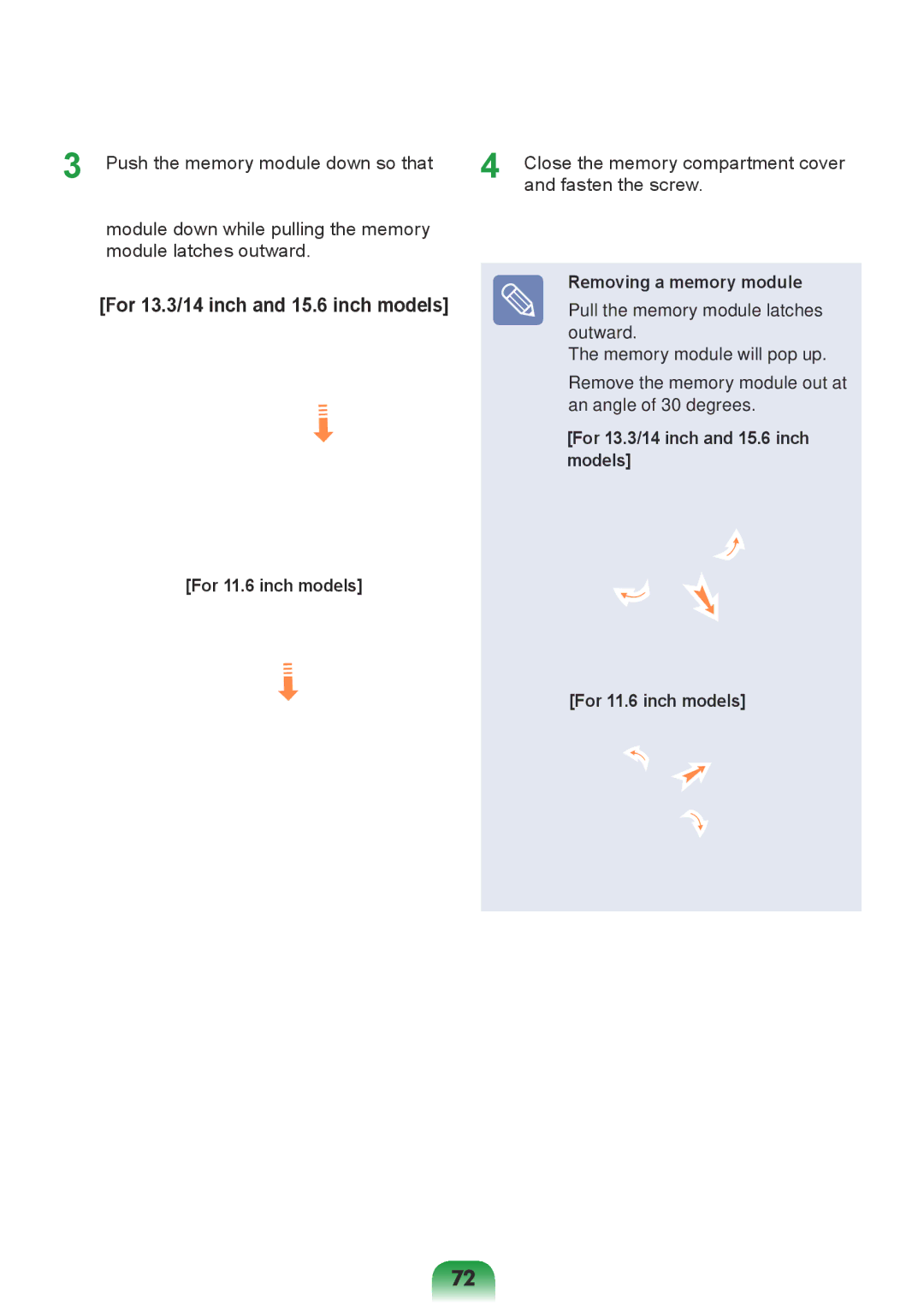 Samsung NP-X118-DA01RU manual For 11.6 inch models, Removing a memory module 