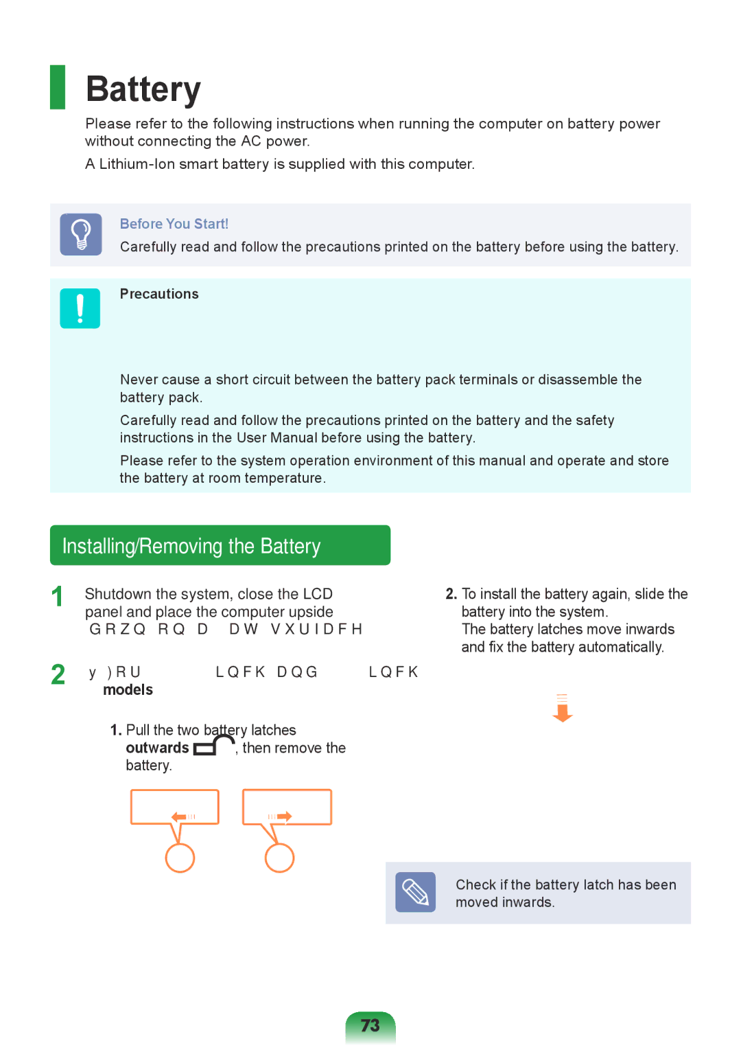 Samsung NP-X118-DA01RU manual Installing/Removing the Battery, Precautions, For 13.3/14 inch and 15.6 inch 