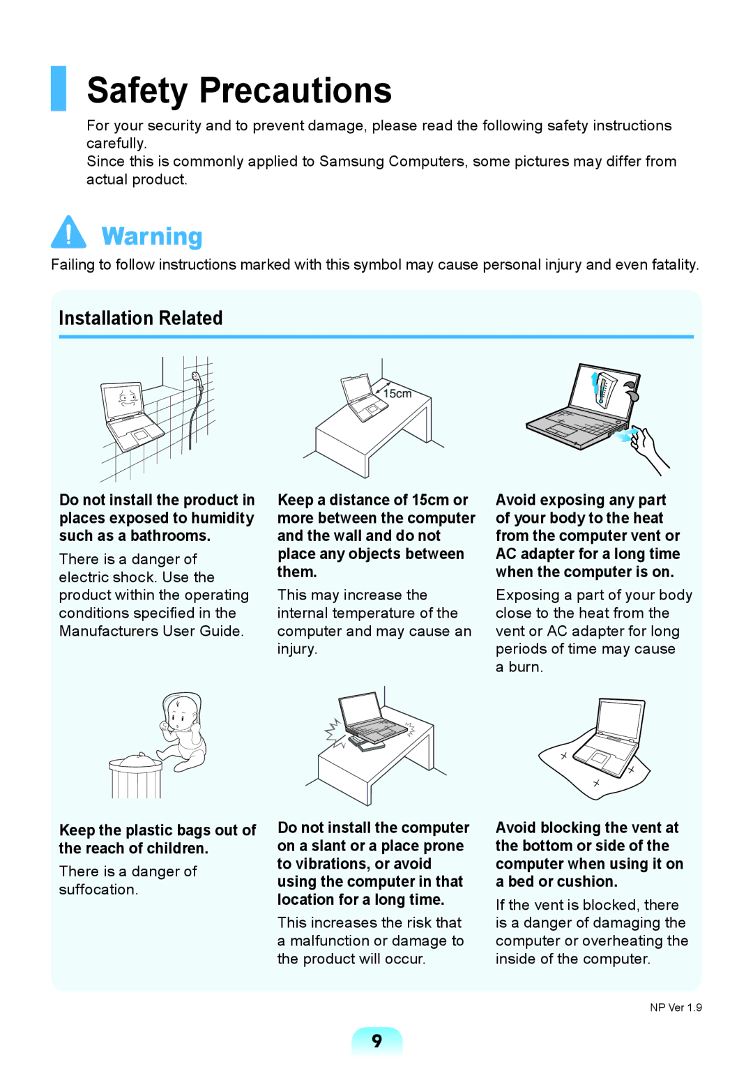 Samsung NP-X118-DA01RU manual Safety Precautions, Installation Related, Keep the plastic bags out of the reach of children 