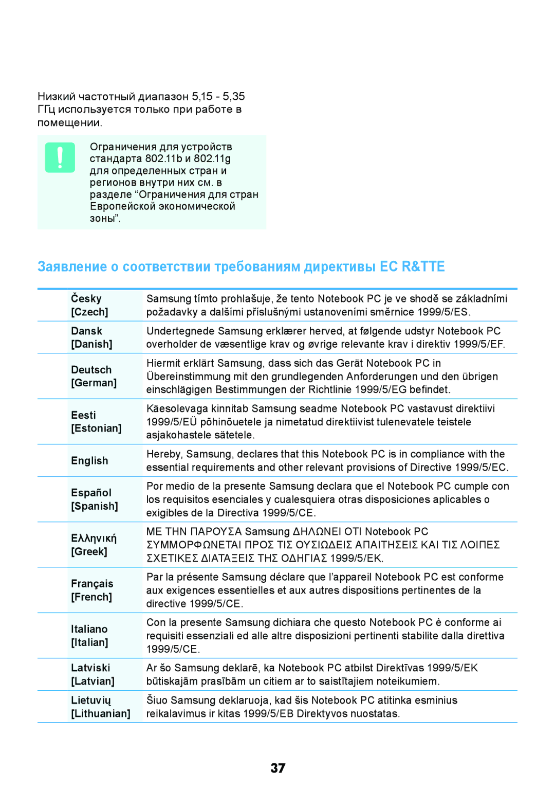 Samsung NP-X118-DA01RU manual Заявление о соответствии требованиям директивы ЕС R&TTE 