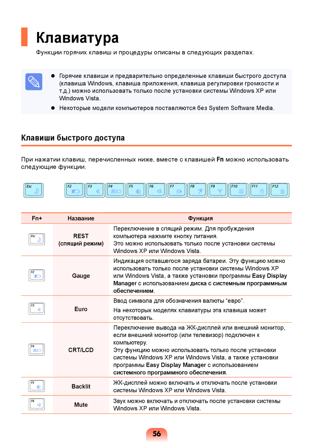 Samsung NP-X118-DA01RU manual Клавиатура, Клавиши быстрого доступа 