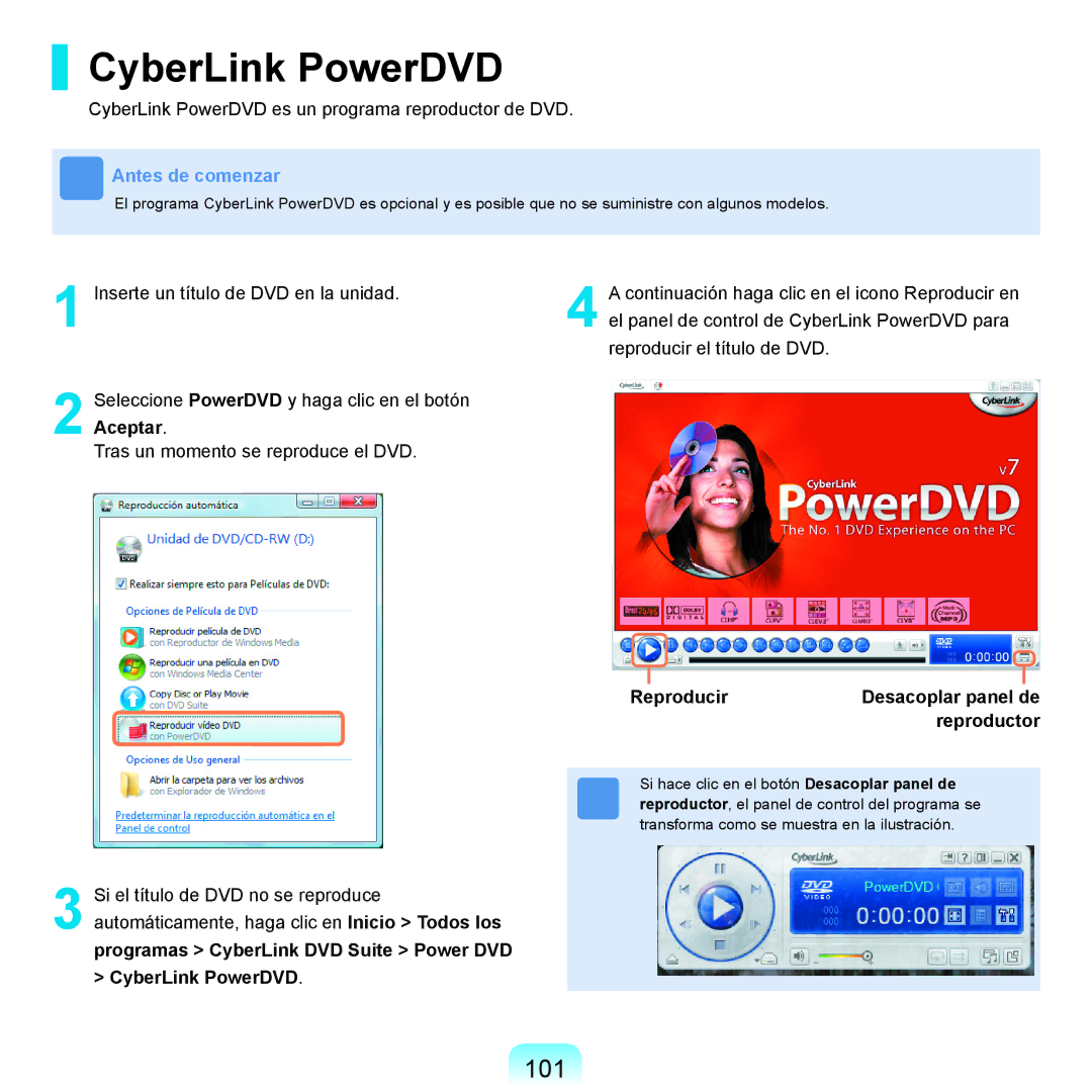 Samsung NP-X11AS00/SES, NP-X11AE00/SES, NP-X11AS01/SES manual CyberLink PowerDVD, 101, Reproducir, Reproductor 