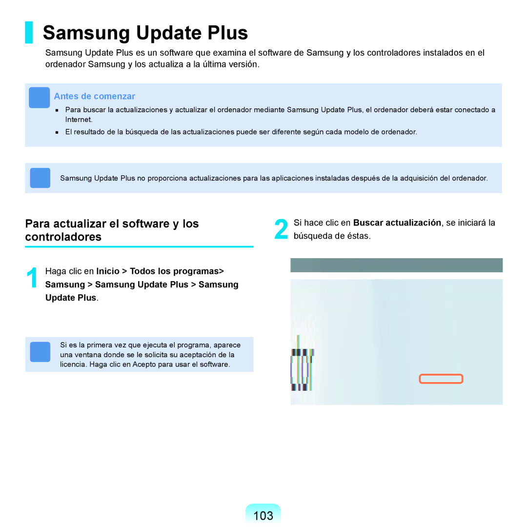 Samsung NP-X11AS01/SES, NP-X11AS00/SES manual Samsung Update Plus, 103, Para actualizar el software y los controladores 