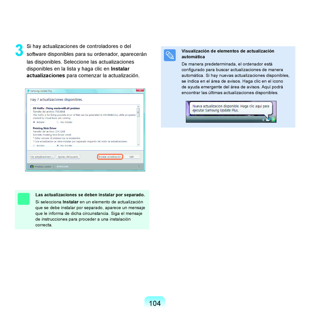 Samsung NP-X11AS00/SES, NP-X11AE00/SES, NP-X11AS01/SES manual 104, Las actualizaciones se deben instalar por separado 