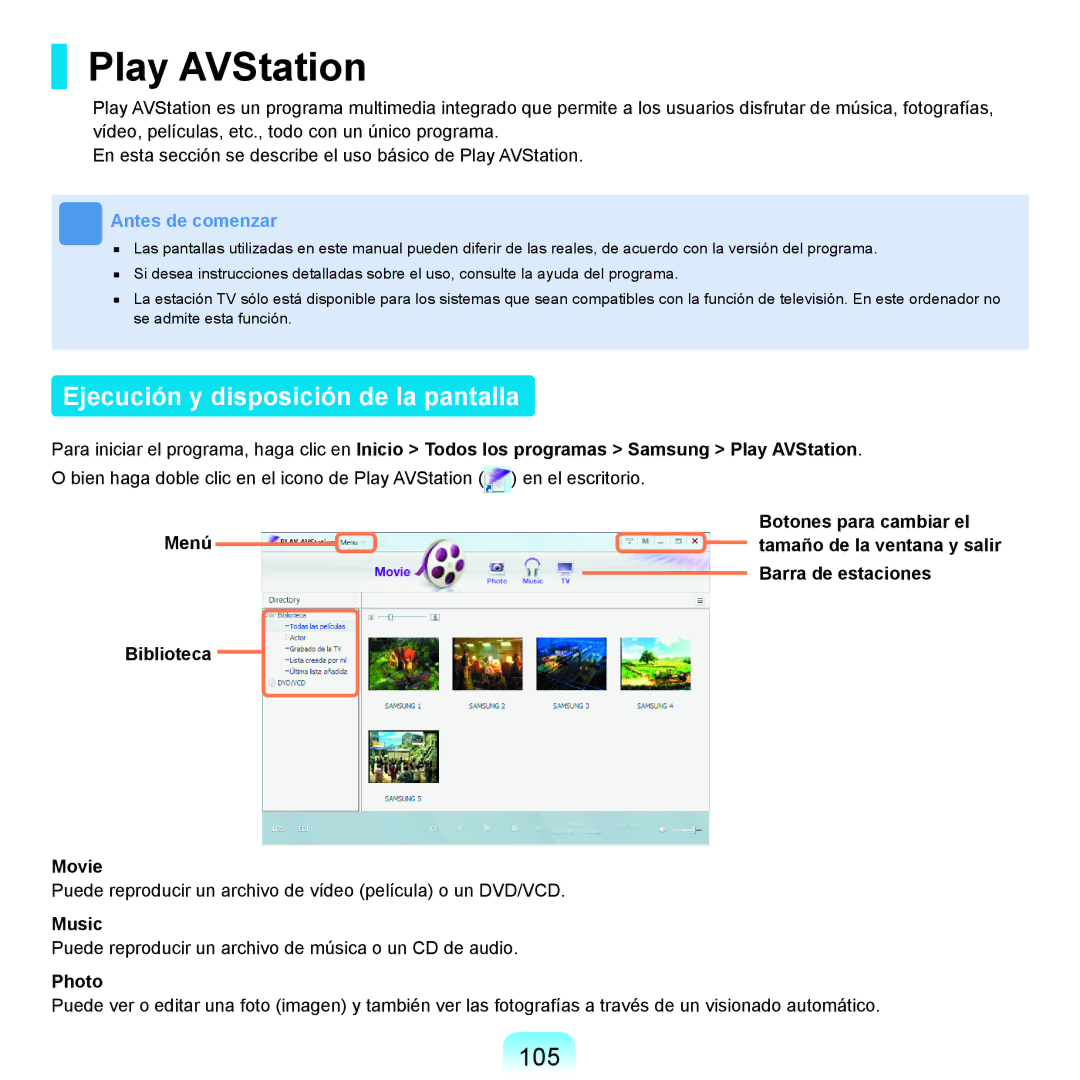 Samsung NP-X11AE00/SES, NP-X11AS00/SES, NP-X11AS01/SES Play AVStation, Ejecución y disposición de la pantalla, 105, Music 