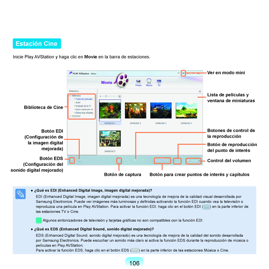 Samsung NP-X11AS01/SES, NP-X11AS00/SES, NP-X11AE00/SES manual Estación Cine, 106 