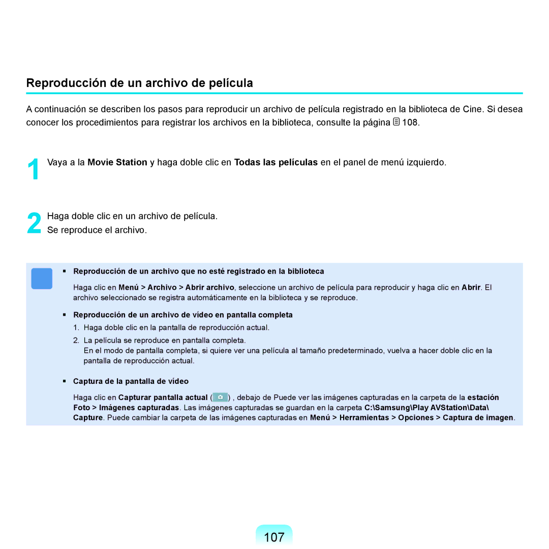 Samsung NP-X11AS00/SES, NP-X11AE00/SES manual 107, Reproducción de un archivo de película, Captura de la pantalla de vídeo 