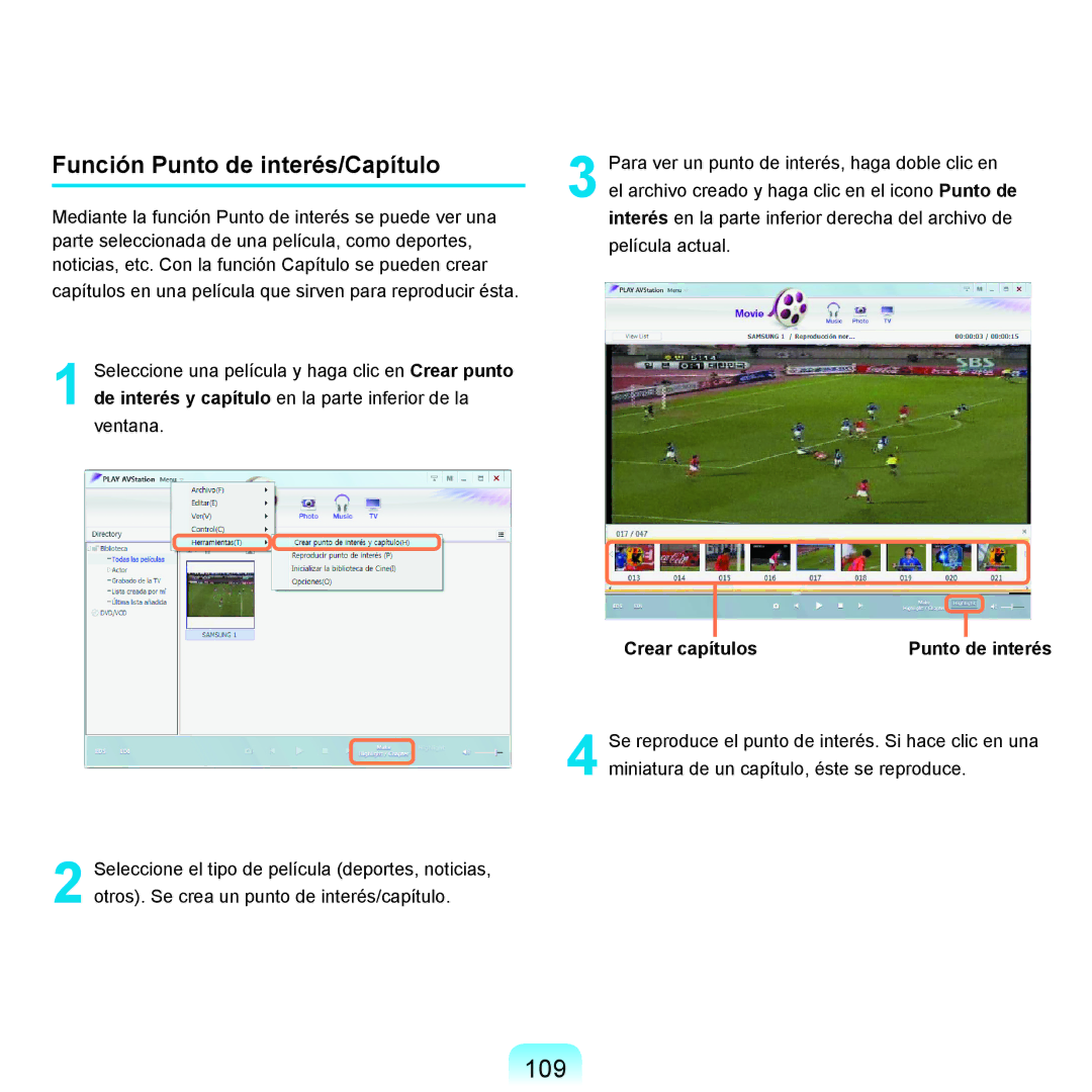 Samsung NP-X11AS01/SES, NP-X11AS00/SES manual 109, Función Punto de interés/Capítulo, Crear capítulos Punto de interés 