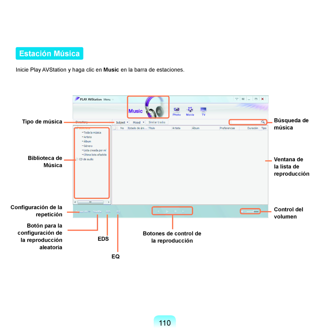Samsung NP-X11AS00/SES, NP-X11AE00/SES, NP-X11AS01/SES manual Estación Música, 110 