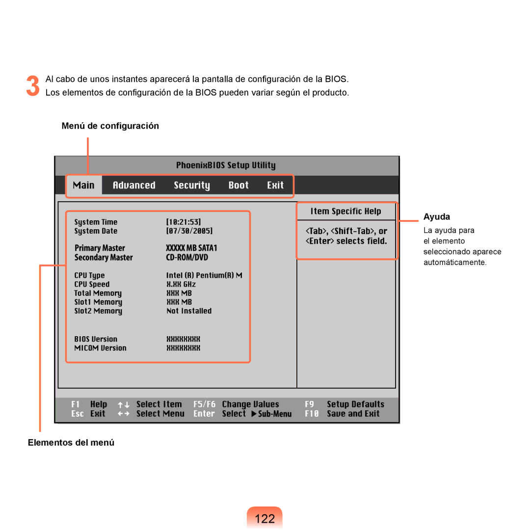 Samsung NP-X11AS00/SES, NP-X11AE00/SES, NP-X11AS01/SES manual 122, Menú de conﬁguración Ayuda, Elementos del menú 