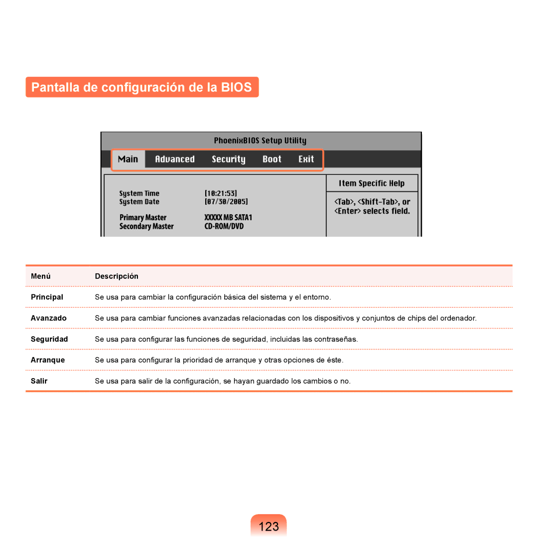 Samsung NP-X11AE00/SES, NP-X11AS00/SES, NP-X11AS01/SES manual Pantalla de conﬁguración de la Bios, 123 