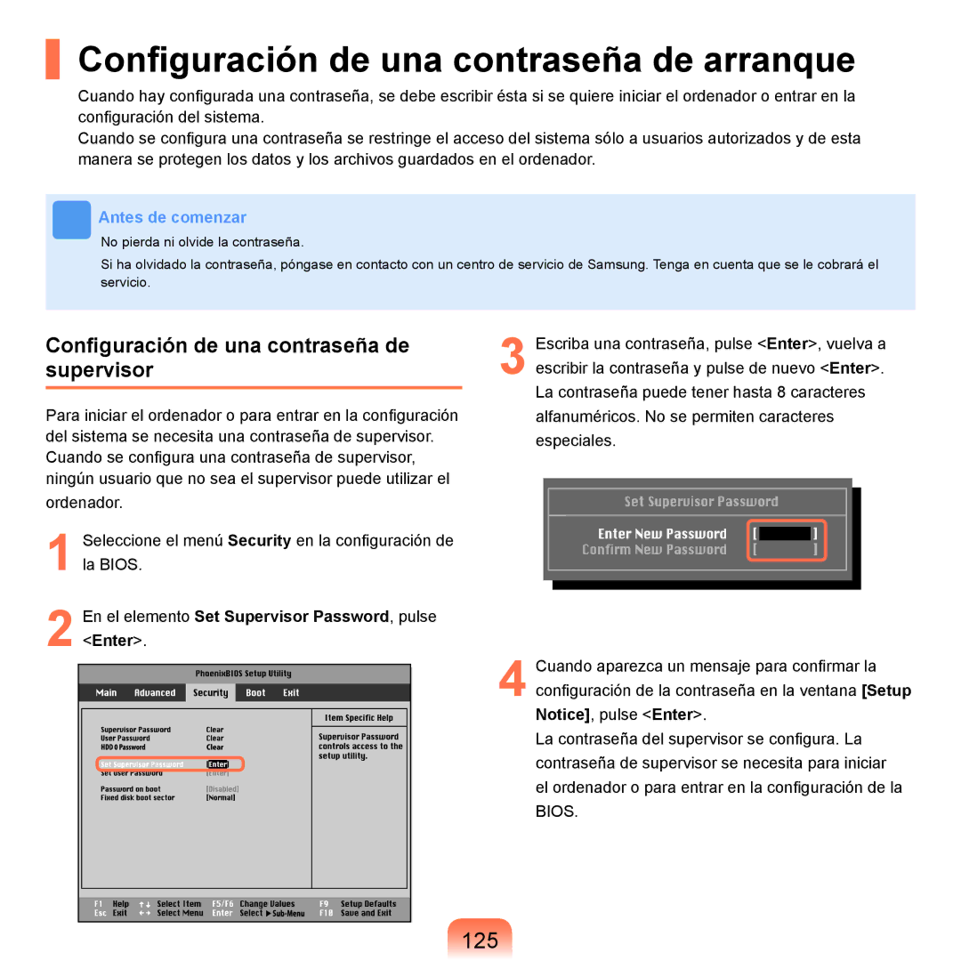 Samsung NP-X11AS00/SES manual Conﬁguración de una contraseña de arranque, 125, Conﬁguración de una contraseña de supervisor 