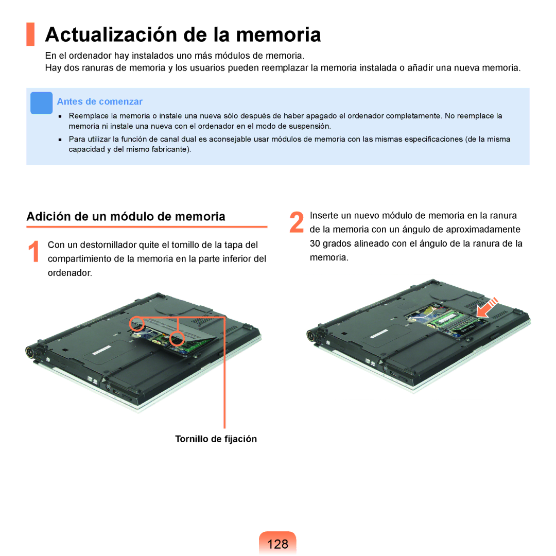 Samsung NP-X11AS00/SES manual Actualización de la memoria, 128, Adición de un módulo de memoria, Tornillo de ﬁjación 