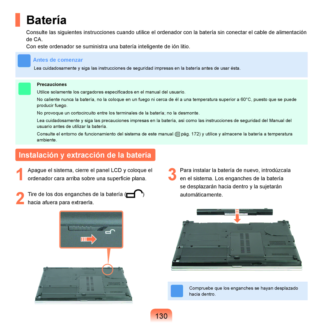 Samsung NP-X11AS01/SES, NP-X11AS00/SES, NP-X11AE00/SES Batería, Instalación y extracción de la batería, 130, Precauciones 