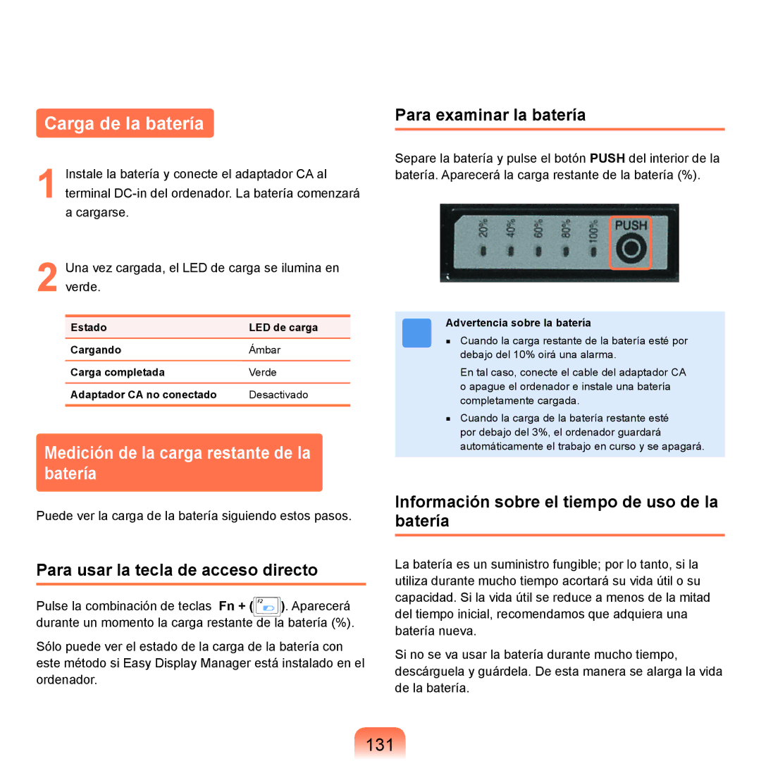 Samsung NP-X11AS00/SES, NP-X11AE00/SES manual Carga de la batería, Medición de la carga restante de la batería, 131 