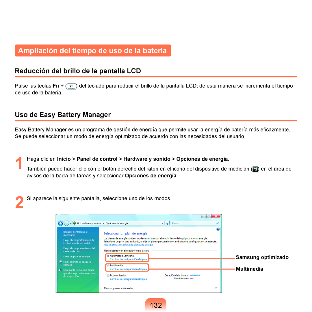 Samsung NP-X11AE00/SES manual Ampliación del tiempo de uso de la batería, 132, Reducción del brillo de la pantalla LCD 