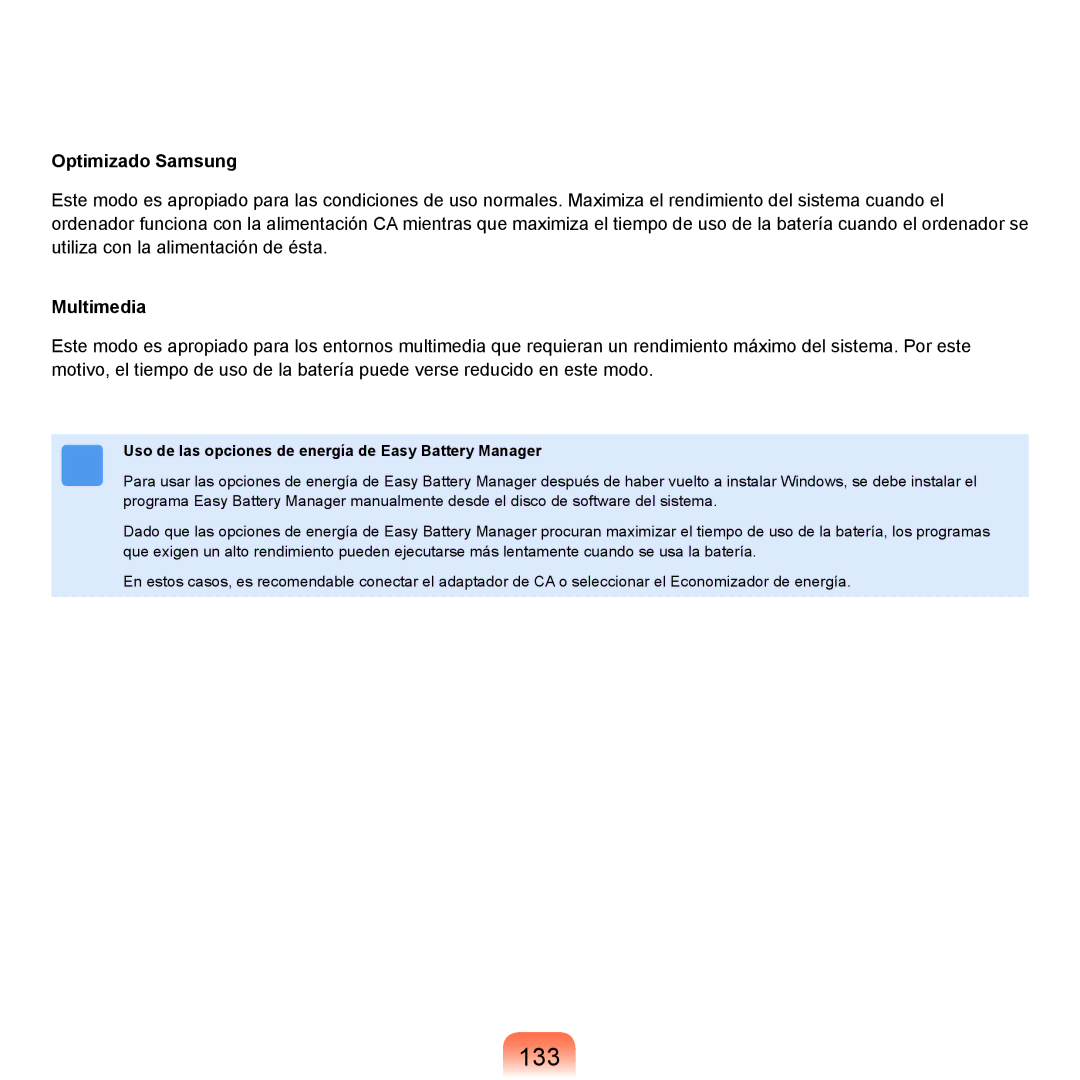 Samsung NP-X11AS01/SES, NP-X11AS00/SES 133, Optimizado Samsung, Uso de las opciones de energía de Easy Battery Manager 