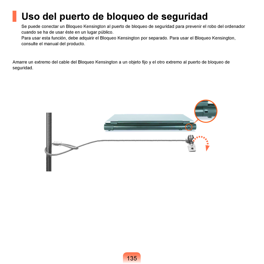 Samsung NP-X11AE00/SES, NP-X11AS00/SES, NP-X11AS01/SES manual Uso del puerto de bloqueo de seguridad, 135 