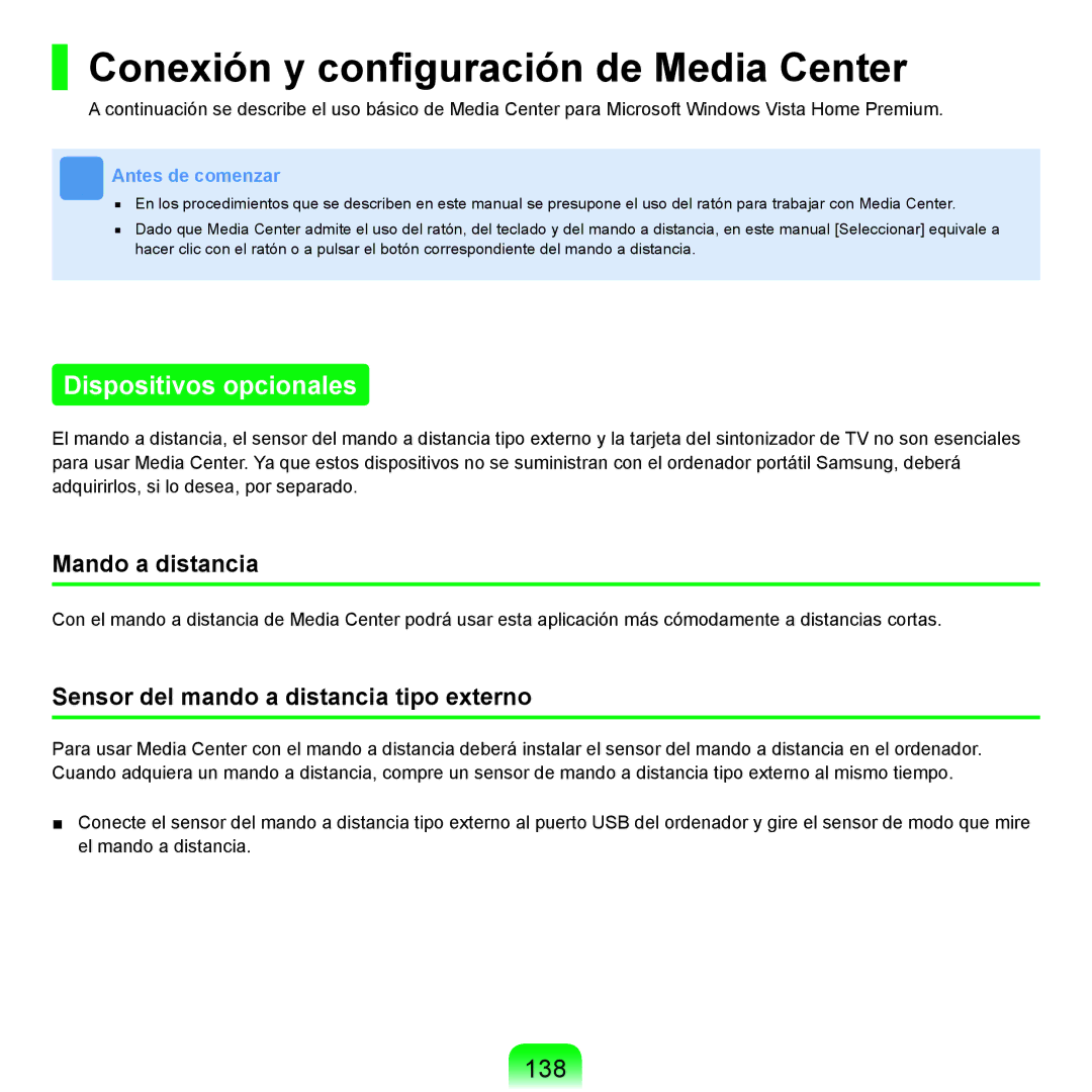 Samsung NP-X11AE00/SES manual Conexión y conﬁguración de Media Center, Dispositivos opcionales, 138, Mando a distancia 