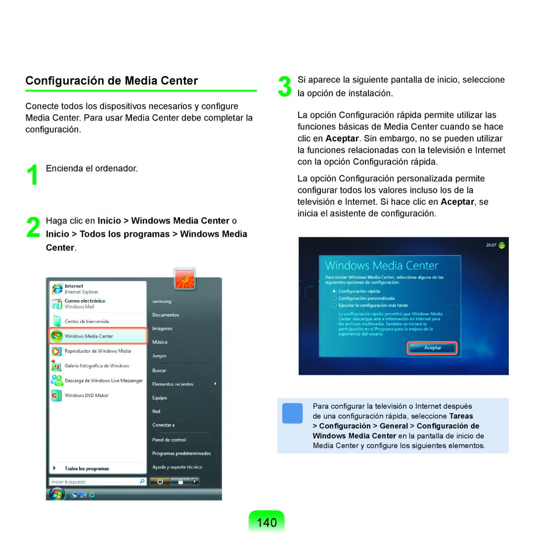 Samsung NP-X11AS00/SES, NP-X11AE00/SES, NP-X11AS01/SES manual 140, Conﬁguración de Media Center 