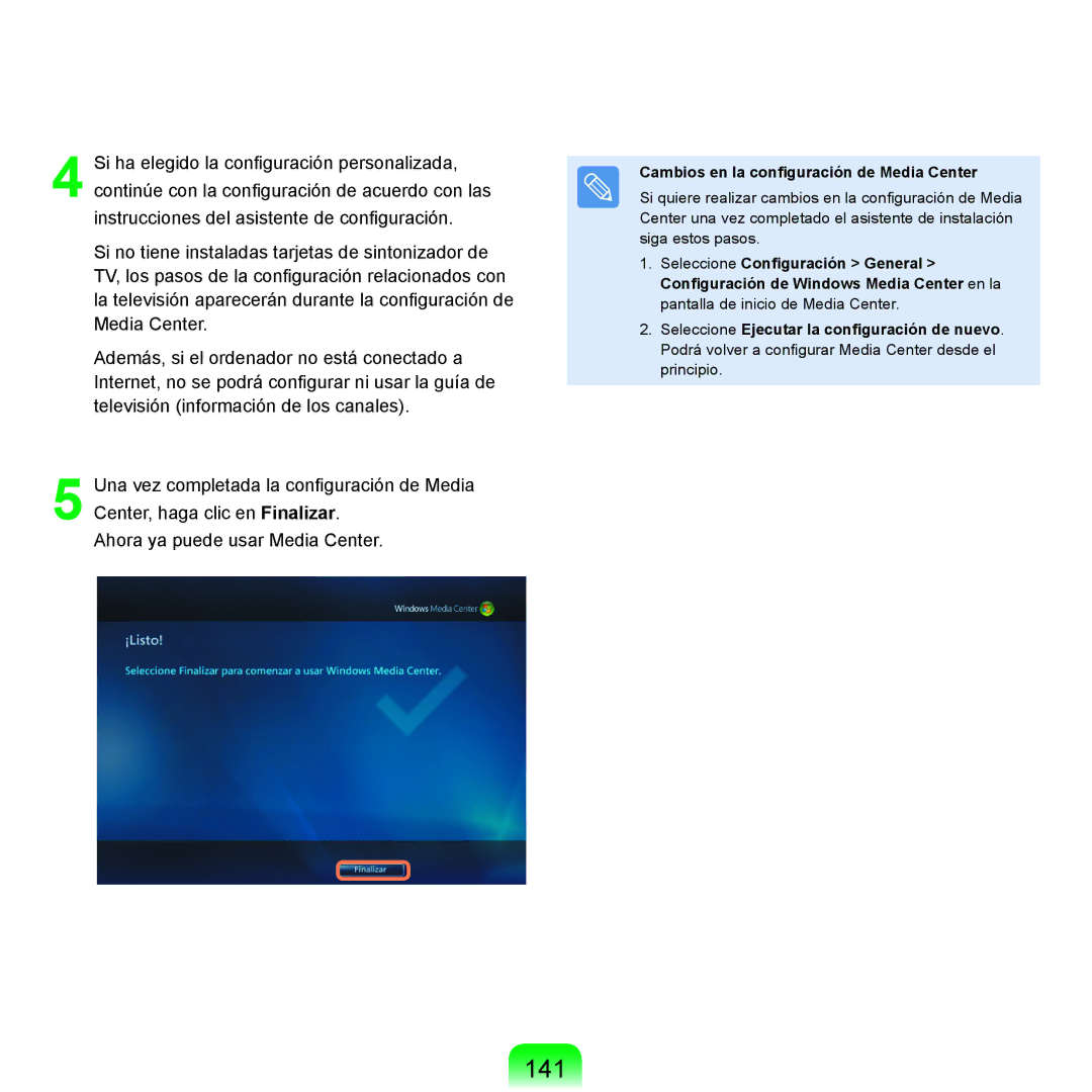 Samsung NP-X11AE00/SES, NP-X11AS00/SES, NP-X11AS01/SES manual 141, Cambios en la conﬁguración de Media Center 