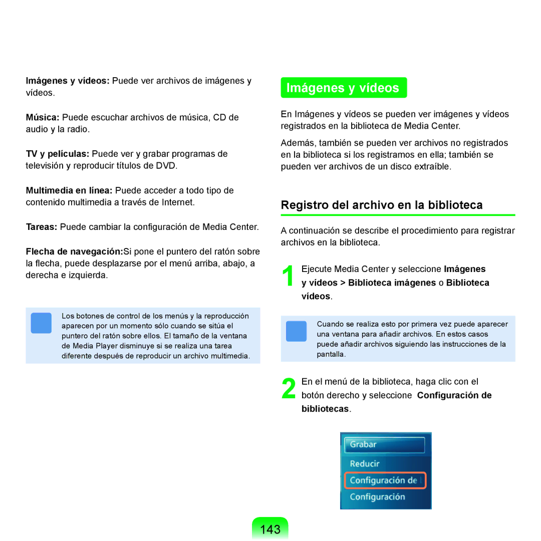 Samsung NP-X11AS00/SES, NP-X11AE00/SES, NP-X11AS01/SES manual Imágenes y vídeos, 143, Registro del archivo en la biblioteca 