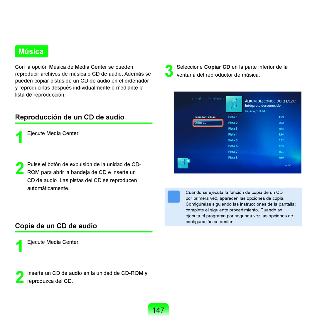 Samsung NP-X11AE00/SES, NP-X11AS00/SES, NP-X11AS01/SES manual Música, 147, Copia de un CD de audio 