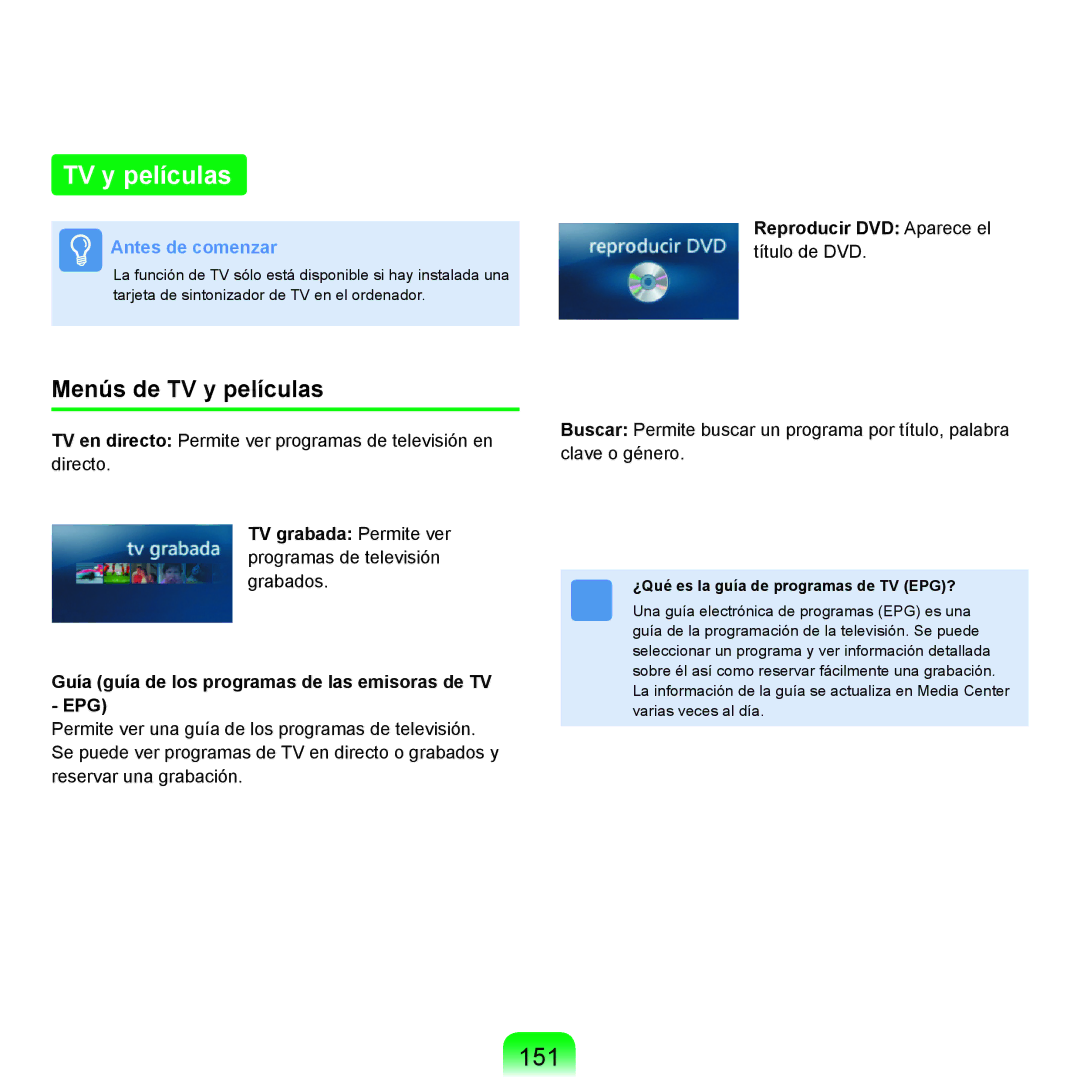 Samsung NP-X11AS01/SES, NP-X11AS00/SES manual 151, Menús de TV y películas, Reproducir DVD Aparece el título de DVD 