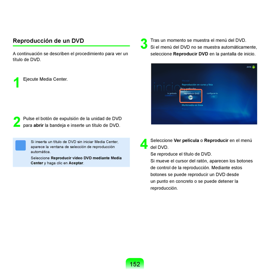 Samsung NP-X11AS00/SES, NP-X11AE00/SES, NP-X11AS01/SES manual 152, Reproducción de un DVD 
