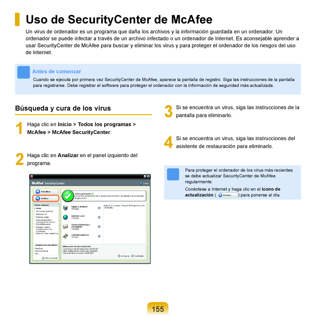 Samsung NP-X11AS00/SES, NP-X11AE00/SES Uso de SecurityCenter de McAfee, 155, Búsqueda y cura de los virus, Actualización 