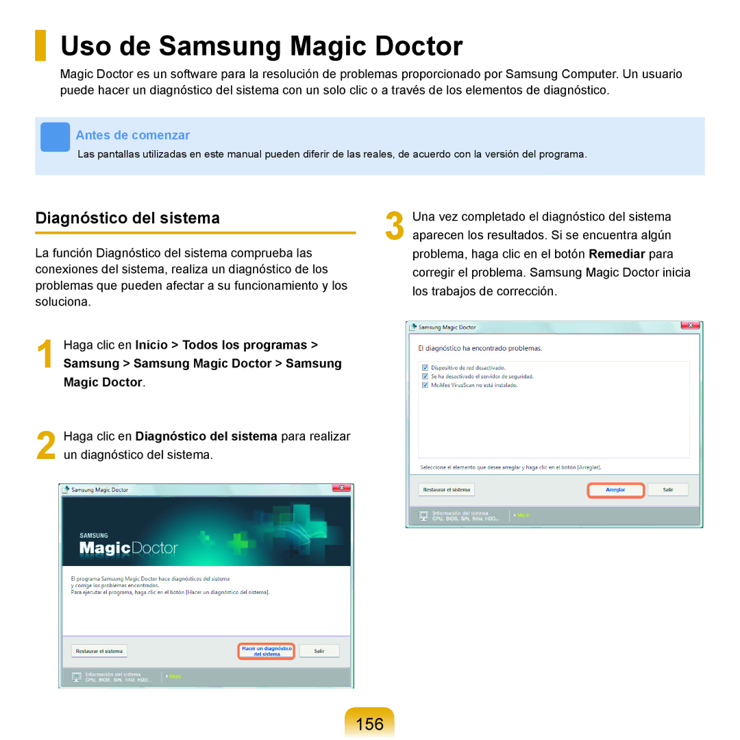 Samsung NP-X11AE00/SES, NP-X11AS00/SES, NP-X11AS01/SES manual Uso de Samsung Magic Doctor, 156, Diagnóstico del sistema 