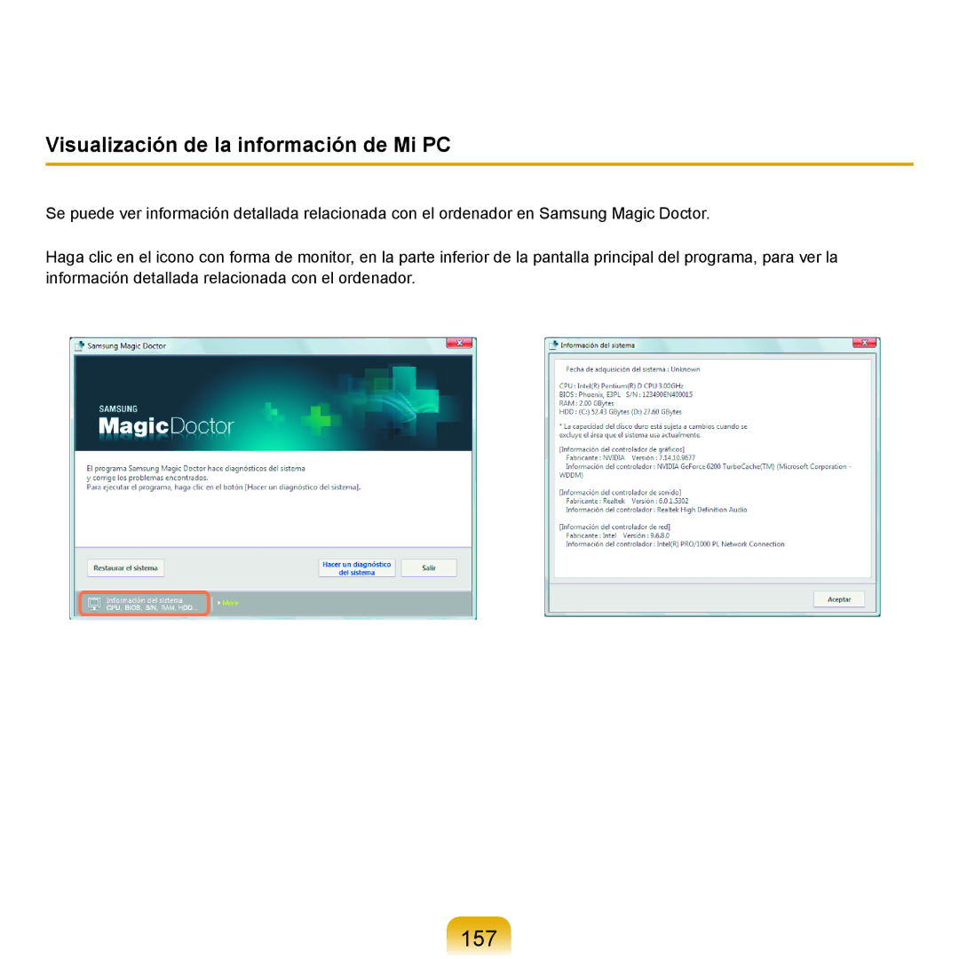 Samsung NP-X11AS01/SES, NP-X11AS00/SES, NP-X11AE00/SES manual 157, Visualización de la información de Mi PC 