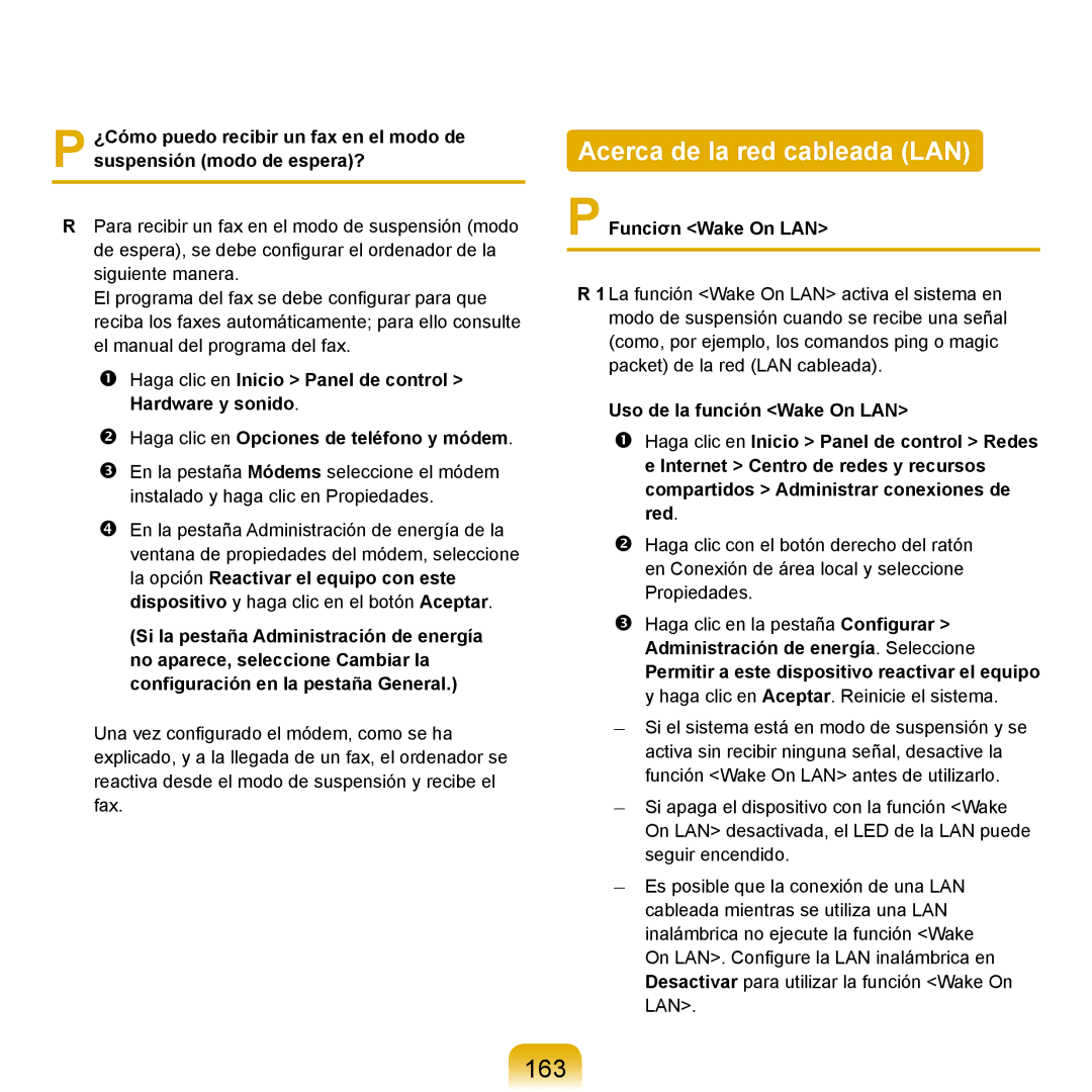 Samsung NP-X11AS01/SES, NP-X11AS00/SES, NP-X11AE00/SES manual Acerca de la red cableada LAN, 163, Funciσn Wake On LAN 