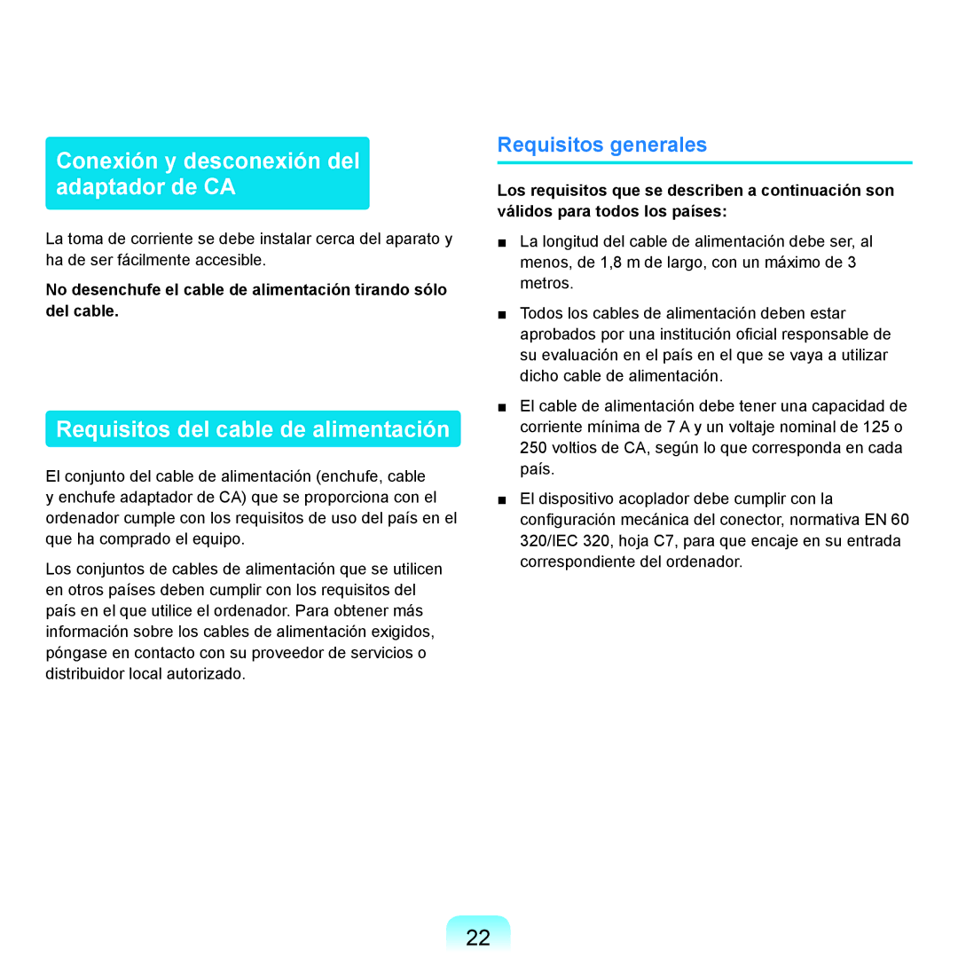 Samsung NP-X11AS01/SES, NP-X11AS00/SES Conexión y desconexión del adaptador de CA, Requisitos del cable de alimentación 