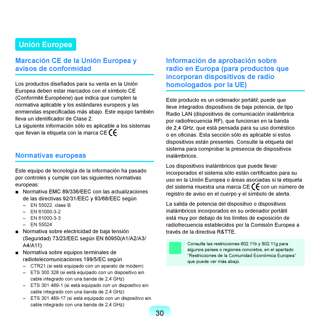 Samsung NP-X11AE00/SES, NP-X11AS00/SES Marcación CE de la Unión Europea y avisos de conformidad, Normativas europeas 