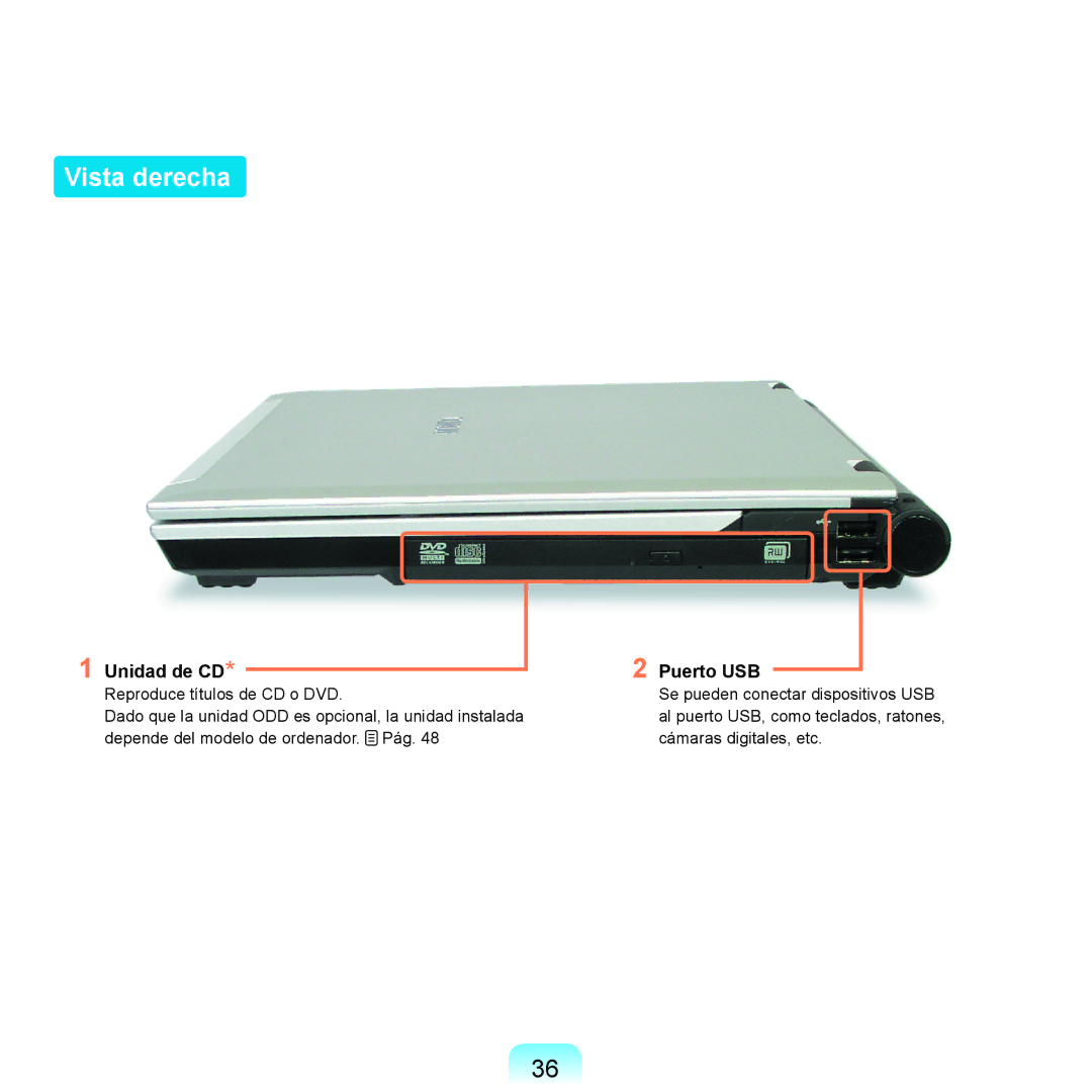 Samsung NP-X11AE00/SES, NP-X11AS00/SES, NP-X11AS01/SES manual Vista derecha, Unidad de CD, Puerto USB 