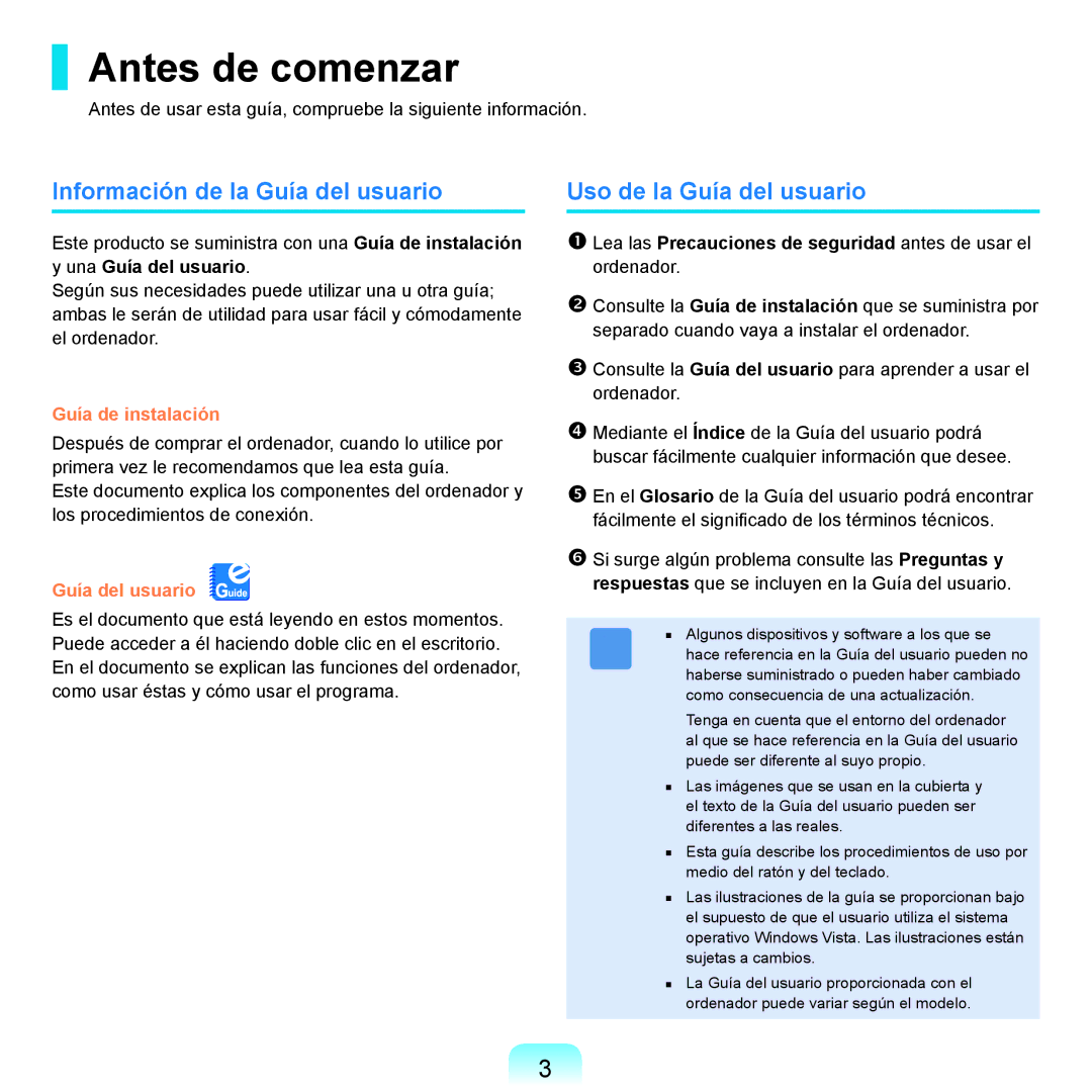 Samsung NP-X11AE00/SES, NP-X11AS00/SES Antes de comenzar, Información de la Guía del usuario, Uso de la Guía del usuario 