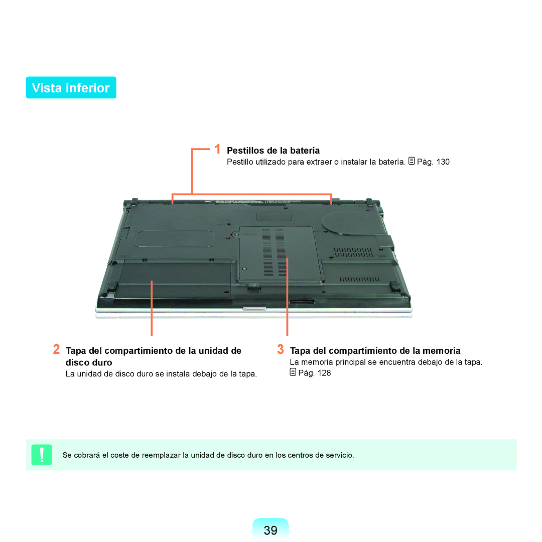 Samsung NP-X11AE00/SES manual Vista inferior, Pestillos de la batería, Tapa del compartimiento de la unidad de disco duro 