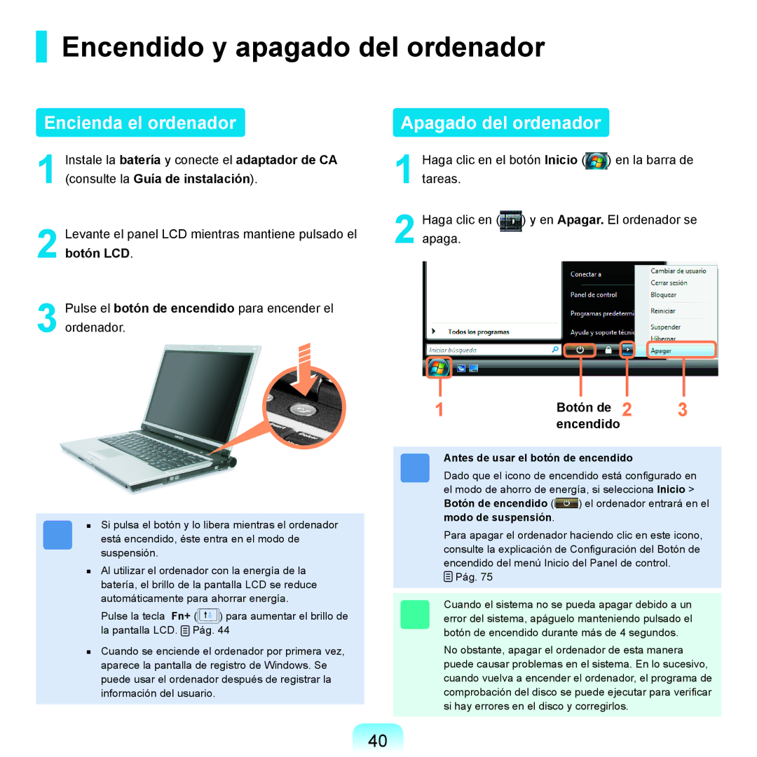 Samsung NP-X11AS01/SES, NP-X11AS00/SES Encendido y apagado del ordenador, Encienda el ordenador, Apagado del ordenador 