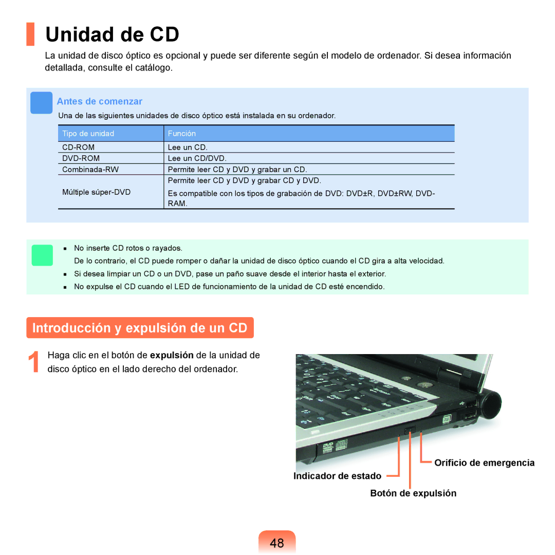 Samsung NP-X11AE00/SES, NP-X11AS00/SES, NP-X11AS01/SES manual Unidad de CD, Introducción y expulsión de un CD 