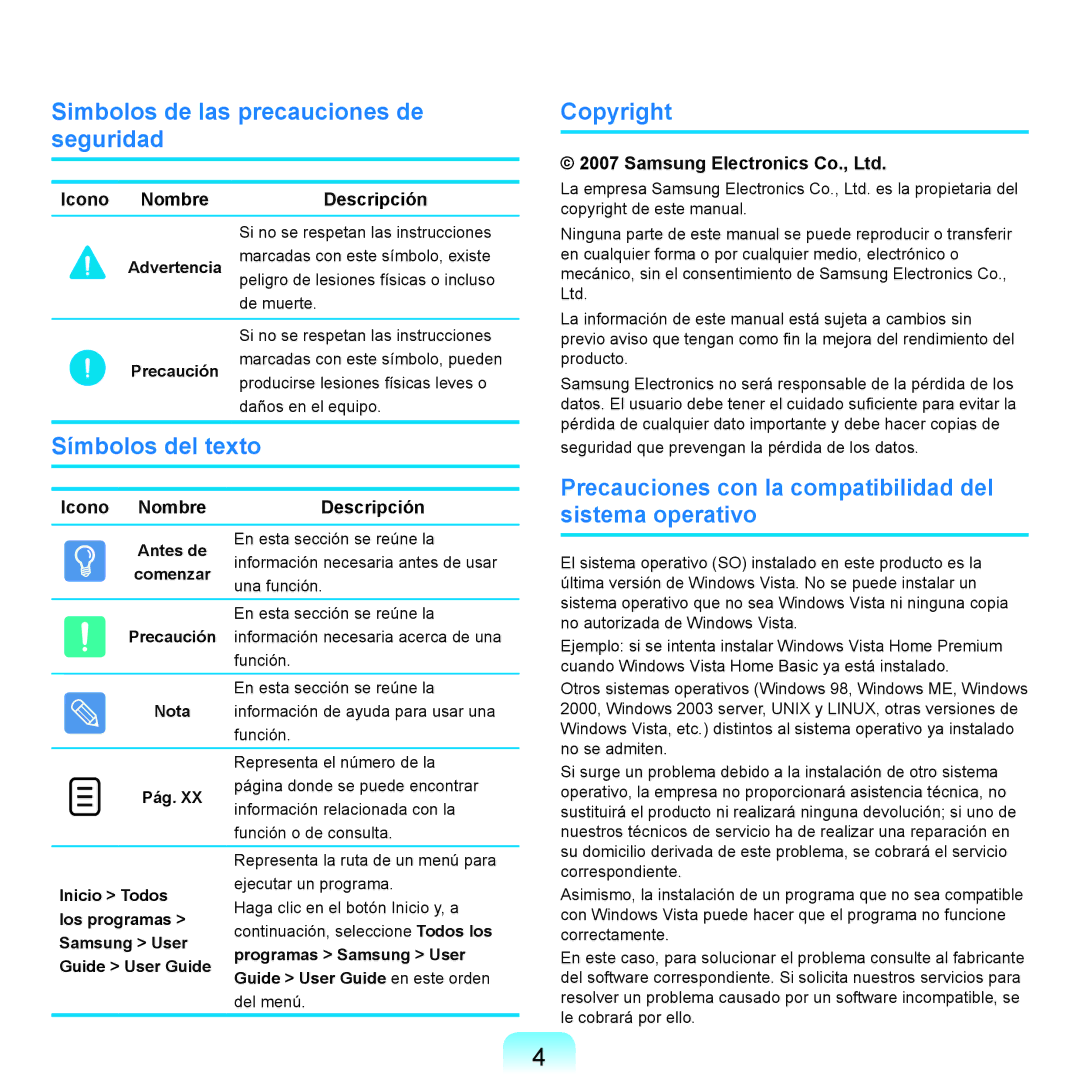 Samsung NP-X11AS01/SES Simbolos de las precauciones de seguridad, Símbolos del texto, Copyright, Icono Nombre Descripción 