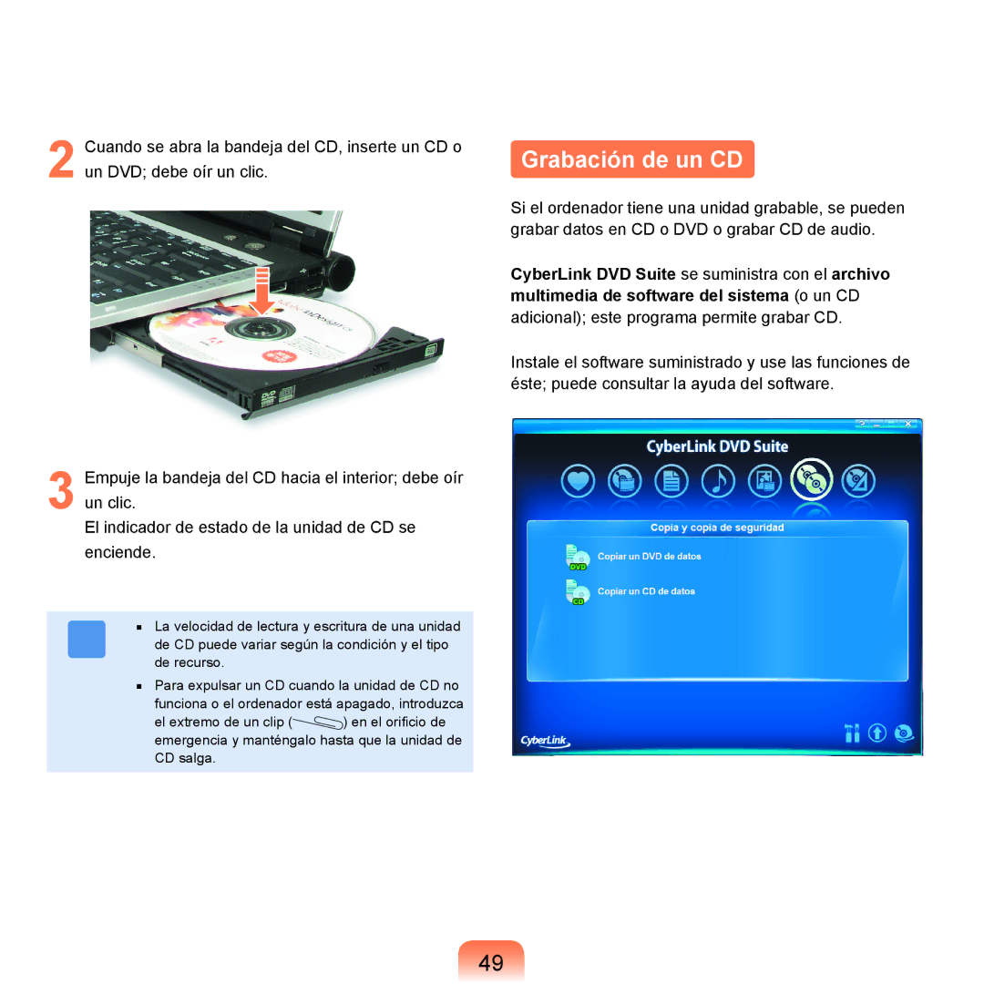 Samsung NP-X11AS01/SES, NP-X11AS00/SES, NP-X11AE00/SES manual Grabación de un CD 