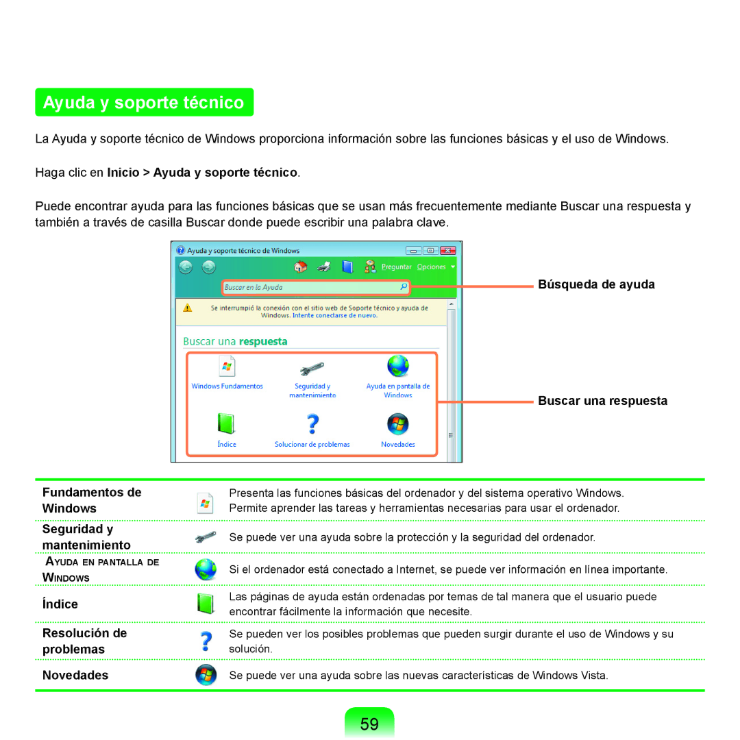 Samsung NP-X11AS00/SES manual Haga clic en Inicio Ayuda y soporte técnico, Índice Resolución de problemas Novedades 