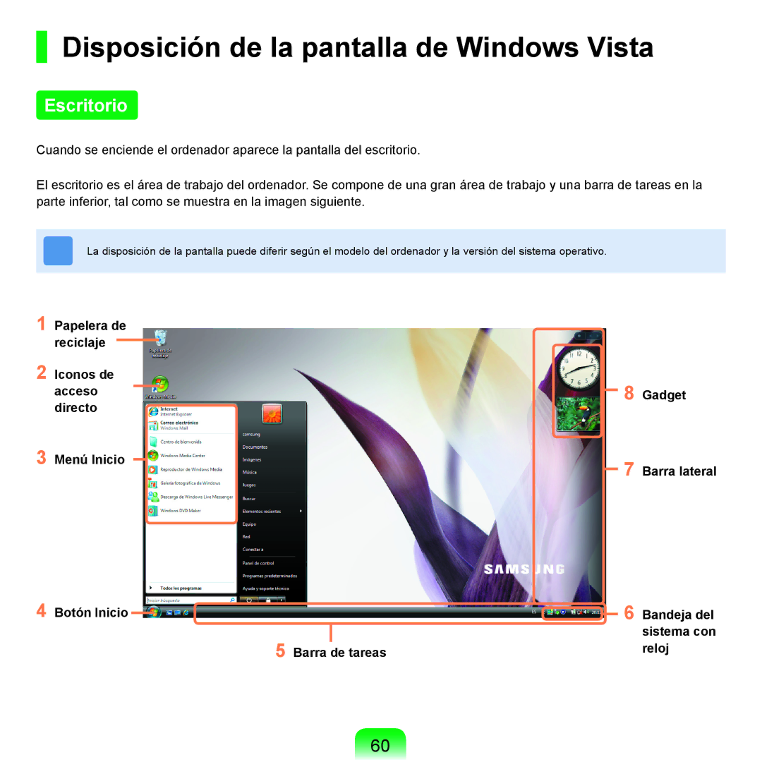 Samsung NP-X11AE00/SES, NP-X11AS00/SES, NP-X11AS01/SES manual Disposición de la pantalla de Windows Vista, Escritorio 