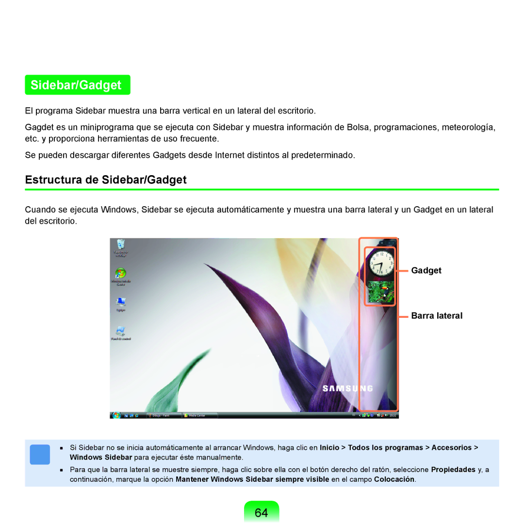 Samsung NP-X11AS01/SES, NP-X11AS00/SES, NP-X11AE00/SES manual Estructura de Sidebar/Gadget, Gadget Barra lateral 