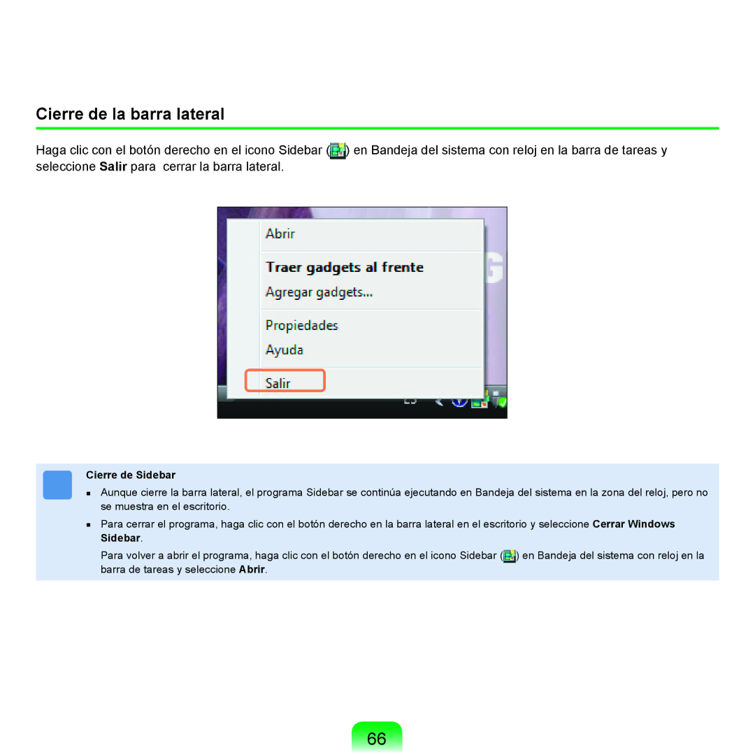 Samsung NP-X11AE00/SES, NP-X11AS00/SES, NP-X11AS01/SES manual Cierre de la barra lateral, Cierre de Sidebar 