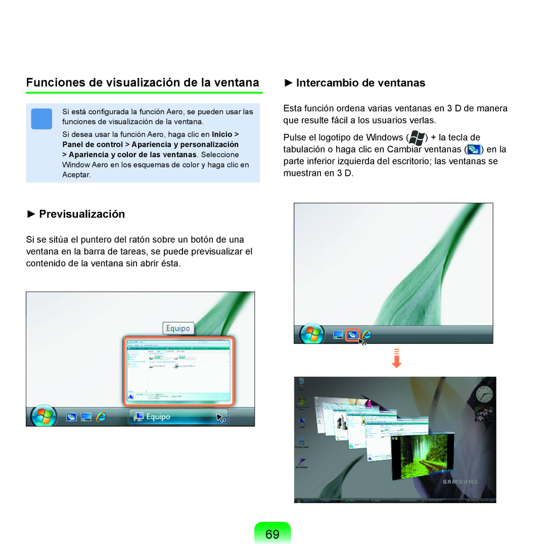 Samsung NP-X11AE00/SES, NP-X11AS00/SES, NP-X11AS01/SES manual Funciones de visualización de la ventana, Previsualización 